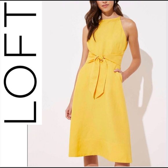 LOFT Size 6 Yellow Linen Blend Halter Dress MIDI Spring Summer - Picture 1 of 13